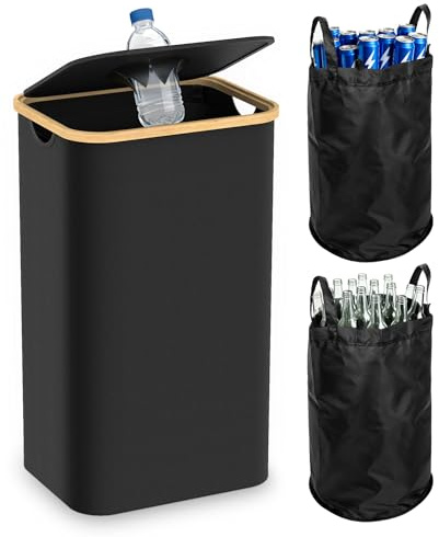 Recycling Bins for Kitchen, 26 Gallon (100L) Recycle Bin with lid, Indoor Oxford Fabric Recycling Trash Can with 2 Pack Removeable and Reusable Inner Bags for Bottle Can Glass Plastic Sticker, Black