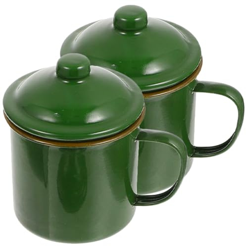 NIYANGLE Lot de 2 Tasses Émaillées 9 Cm avec Couvercle, Couleur Vert Militaire Rétro, Tasse de Camping Multifonction Résistante la Chaleur, pour Café, Bureau et Activités Plein Air