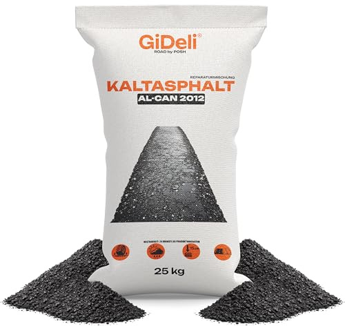 GiDeli Asfalto frío 25 kg – Listo para usar – Reparación de asfalto – con un grano de 0 – 8 mm – Pintura bituminosa – Uso universal