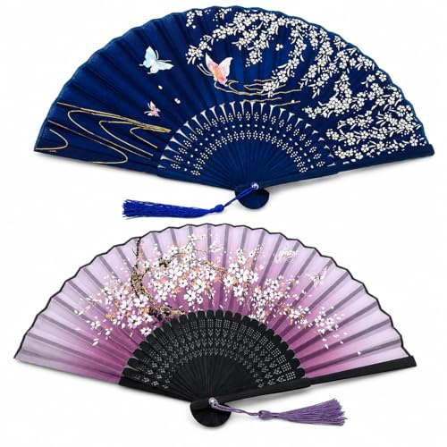 2 Pack Hand Fan Folding, Blue Purple Portable Folding Fan, Women's Handheld Fans with Tassel, Hollow Carved Bamboo Hand Fans for Wedding Party Dancing Cosplay Home Decorations Birthday Gifts Women Men