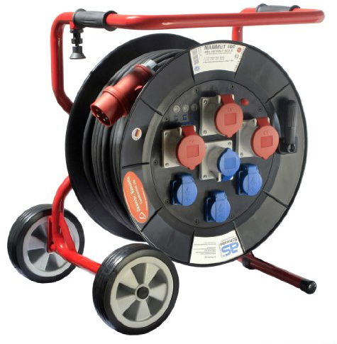 as - Schwabe Mammut Kabeltrommel 40 m H07RN-F 5G2,5, Außenbereich IP44, CEE-Stecker 16 A 5-polig, 7 Steckdosen, klappbares Fahrgestell, extrem robust, Made in Germany