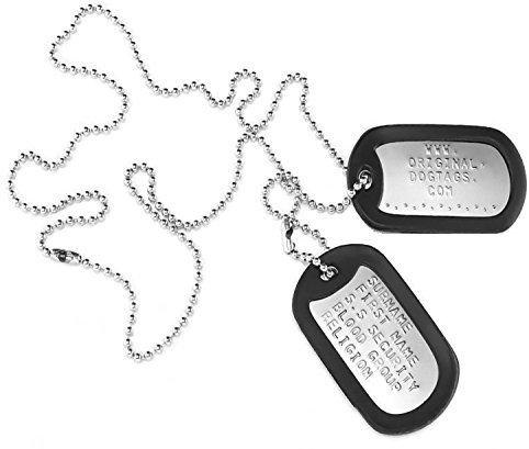 ANDREW'S E-STORE Original-DogTags: Militärische Erkennungsmarken (Dogtags) - 2 Stück Edelstahl, 2 x schwarze Gummi-Schalldämpfer, 1 x lange & 1 x kurze Kette
