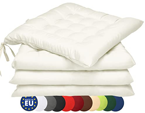 Beautissu 4er Set Stuhlkissen mit Bändern Indoor & Outdoor Auflagen Stühle | 40x40 in Ecru mit 5cm Polsterung Sitzkissen Gartenmöbel Sitzauflage waschbar Gartenstuhl Polster Lea