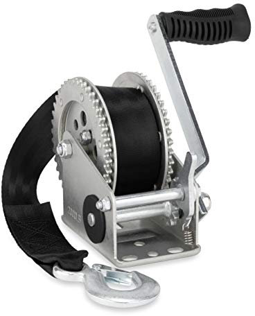 Camco 2000lb Boat Trailer Winch - Manual Hand Crank Boat Winch Features 20-Foot Strap & 2-Way Ratchet - 2,000lb Weight Capacity - Boat Trailer Accessories (50000)