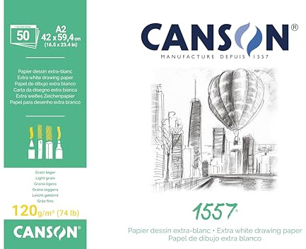Canson carta 1557 Blocco da 50 fogli di carta da disegno, 120 g, grana leggera, A2, colore bianco collato 1 lato