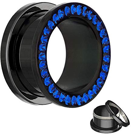 Kristall Flesh Tunnel in Schwarz - mit Dunkelblauen Kristallen - 4 Größen: 6 - 12mm - schraubbar - mit Kristallschutz! - Piercing Ohr Tunnel aus schwarzem Chirurgenstahl 316L (nickelfreier Edelstahl)