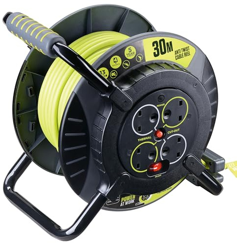 Masterplug Pro-XT Four Socket Anti Twist Open Cable Reel Extension Lead with Winding Handle, Thermal Cut Out and Power Switch, 30 Metres High Visibility Cable