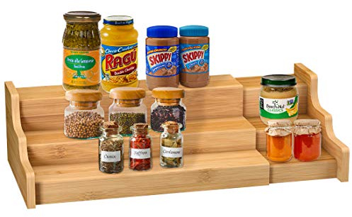 Spice Rack Kitchen Cabinet Organizer- 3 Tier Bamboo Expandable Display Shelf Yellow