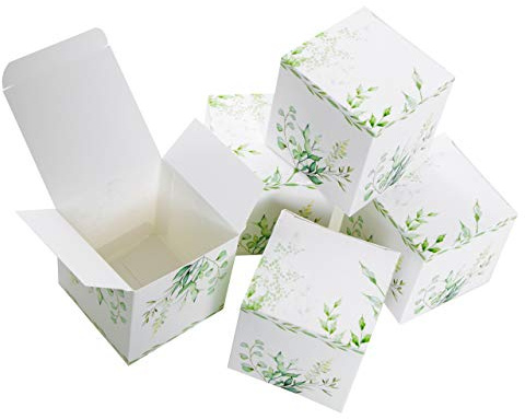 Logbuch-Verlag 25 kleine Geschenkboxen grün weiß Blätter Eukalyptus Zweige - Gastgeschenk Verpackung Give-Away Schachtel zum Befüllen 7 x 7 cm Hochzeit Taufe Hochzeitsdeko