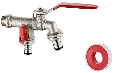 Ibergrif M22203 Rubinetto esterno da Giardino Doppio con Connettore, antigelo -10℃, alta Temperatura 120℃, centralina di irrigazione a 2 vie, ottone, ingresso acqua G1/2, Lavatrice