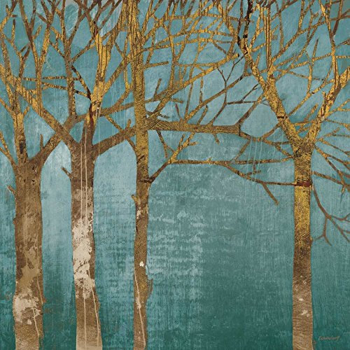 Leinwand, gerahmt, mit amerikanischer Box, Golden Day, türkis, Lovell Kathrine, quadratisch, Kunstdruck, Bäume, Öko, goldene Wälder, Holz, Wald, Holz, Wald, Schweberahmen, 66 x 66 cm