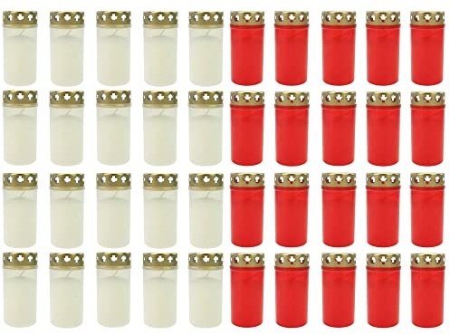 40x Grablicht Brenner Nr. 3 weiß und rot mit Deckel Grabkerzen Grablicht Grablichtkerze Trauerlicht Gedenkkerze Golddeckel