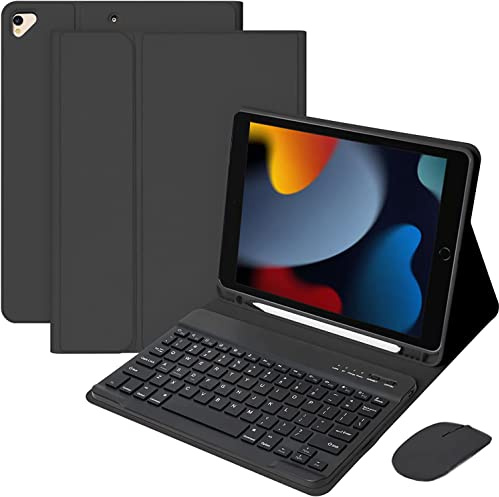 IXTRA Keyboard Case for iPad 10.2 9th/8th/7th Gen 2021 iPad Pro 10.5 2019/2017 Air 3rd Gen, Detachable Keyboard Slim Leather Folio Smart Cover with Wireless Bluetooth Mouse Pencil Holder, Black