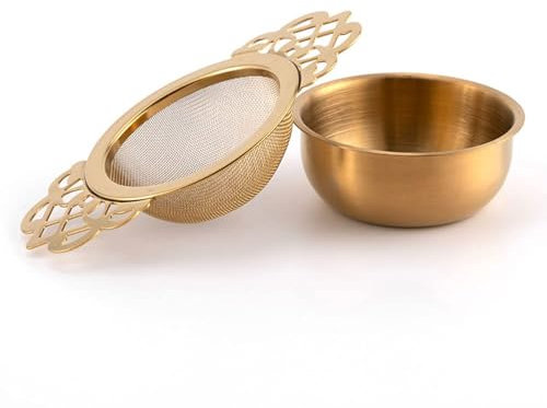 Tea Strainer for Loose Tea Stainless Steel Tea Strainer and Bowl Ultra Fine Mesh Tea Fine Mesh with Double Winged Handles, for Teacups, Mugs and Tea Set (Gold)