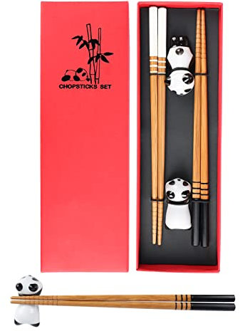 2 Pares Palillos Reutilizable Palillos japoneses con Soporte de cerámica en Forma de Panda Palillos de bambú para Platos Chinos y japoneses