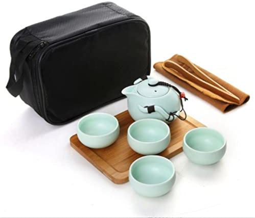 Service a the Service à café Service à thé Service à thé de voyage portable Théière en céramique faite à la main chinoise et 4 tasses à thé et plateau à thé en bambou. Service Japonais ( Blue : Blu ,