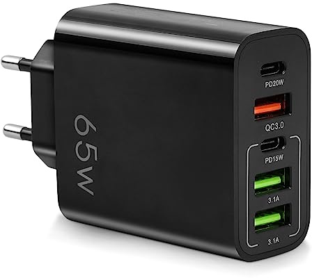 AXFEE 65W Caricatore Rapido USB Multipla PD & QC3.0, Alimentatore Caricabatterie Spina USB-C 5Porto,da Muro, Carica Cellulare per iPhone 17/16/15/14/13/12/11/Pro/Pro Max,Samsung Galaxy,Xiaomi,Huawei