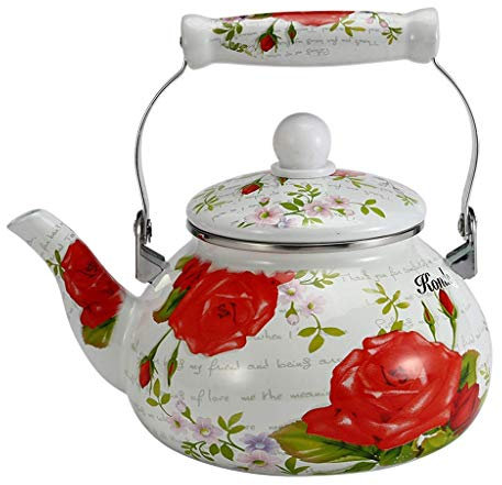 SOVORM Bouilloire électrique émaillée théière Florale, Grande Bouilloire en Porcelaine émaillée, Bouilloire à thé colorée pour cuisinière, Petit Design rétro Classique, Manche en Bois The New