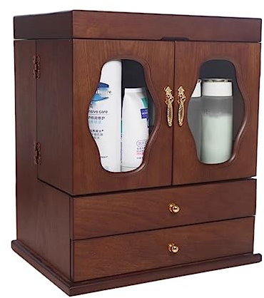 Make Up Kosmetik Organizer Make-up-Organizer aus Holz mit Schubladen, großer Schmuck- und Kosmetik-Make-up-Organizer mit staubdichtem Deckel und Spiegel, for Schlafzimmer, Theke, Kommode Kosmetikbox K