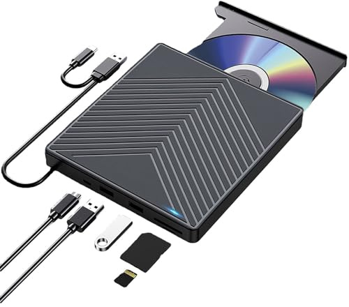 Felenny Unidad externa de CD y DVD 5 en 1 USB 3.0 grabadora de CD portátil con 2 puertos USB y ranuras para tarjetas TF/SD para computadora portátil de escritorio