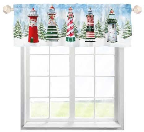 EHJOS Weihnachten Leuchtturm Scheibengardinen Bistrogardine mit Stangendurchzug Stores Gardinen Schals Elegant Küchenvorhang für Badezimmer Klein Fenster Multicolor 1pcs