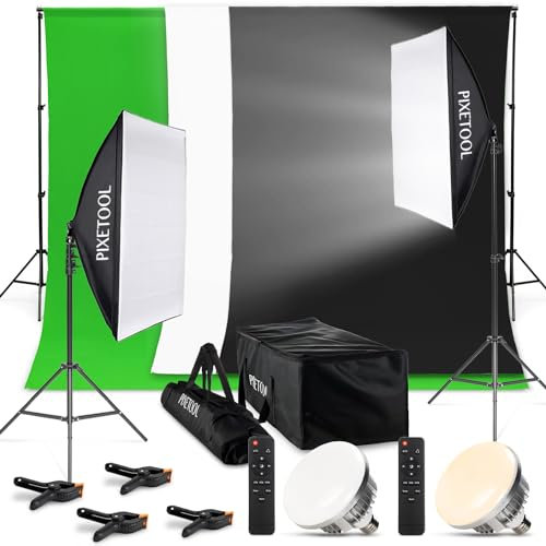 PIXETOOL Kit Studio Photo et Éclairage – Softbox - Écran de Projection - Fond Vert (2,8x1,8M) avec Support (2x2m) -3X Toile de Fond Photo – Green Screen – Lampe Lumiere Photographie Streaming Gaming