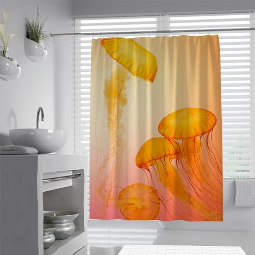 LANDERSION Orange Duschvorhang Quallen Duschvorhänge für Badezimmer Sea Life Koralle Aquarell Lustiger wasserdichter Stoff Home Badezimmer Dekor W220 x L180cm