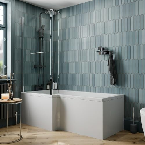 BAYSTONE 1500 x 855mm Left Hand L Shaped Shower Bath Bathtub with Front Panel + Chrome Bath Screen with Rail