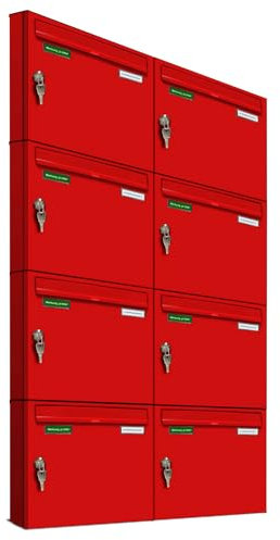 AL Briefkastensysteme Basic 8er Briefkasten RAL 3000 Feuer Rot 8 Fächer DIN A4 wetterfest Briefkastenanlage mit Posthaltebügel und 2 Namensschildern