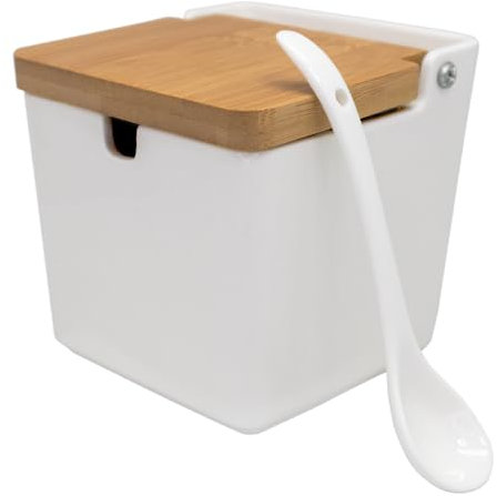 NERTHUS FIH 1335 Salero de Porcelana Extragrande Cuadrado con Tapa de Madera y Cuchara, Elegancia y Funcionalidad en la Cocina