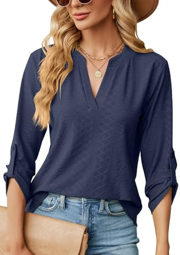 Onsoyours Chemisier Élégant À Col en V pour Femme Chic Chemisier Ample À Manches Enroulables À 3/4 Manches Longues Lâches Hauts Tuniques De Base T-Shirt Blouses A Bleu Foncé S
