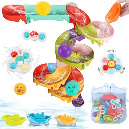 VBACALA 45 Piezas Juguetes Bañera Bebe, Juguetes Piscina Bebe con Ventosa,Tobogán Acuático para Baño con Bola Pequeña con Barco Pequeño,Regalo para Niñas y Niños de 3 Años en Adelante