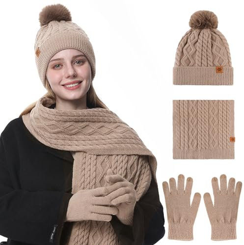 Mütze, Schal & Handschuh-Sets Für Damen 3 In 1, Stricmütze Mit Bommel Damen, Flauschige Und Warme Touchscreen Handschuhe, Strickschal Strickhandschuhe Beanie Wintermütze Wärmer Pudelmütze (Khaki)