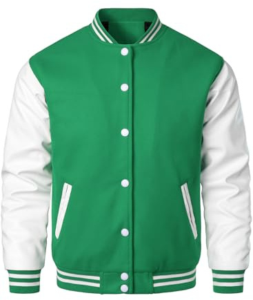 HOOD CREW Mens Varsity Jackets Faux Leather Sleeve Letterman Boys College Baseball Jacket Green S