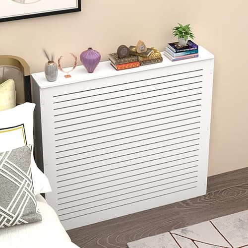 Holz Heizungsverkleidung, Heizkörper Verkleidung Abdeckung, Weiß Holz Heizungsverkleidung, Modernes Lamellen-Design, Heizung Abdeckung, Heizung Heizkörper Abdeckung für Wohnzimmer, Schlafzimmer(60x80x