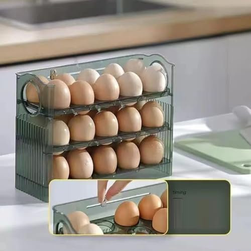 Automatic Flip Egg Storage Box Refrigerator Side Door Organizer Kitchen Egg Tray Container with Easy Access Design for 26 Eggs Space-Saving Solution Green Transparent(Green)