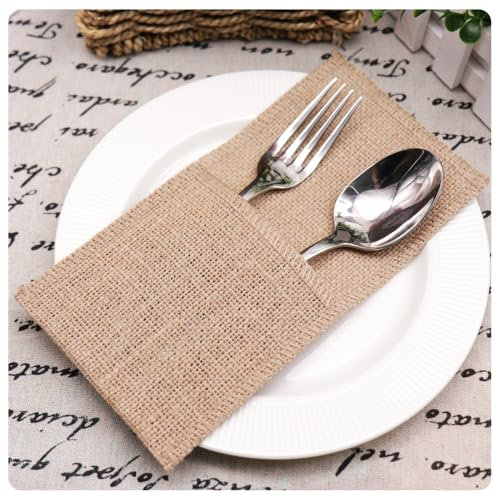 AMateschitz 10Pcs Vintage Spitze Besteck Hochzeit Geschirr Taschen Jute Bestecktaschen Vintage Besteckhalter Besteckbeutel mit Spitze Messer und Gabeln Geschirr Set für Osterfeiern Gelbbraun#3