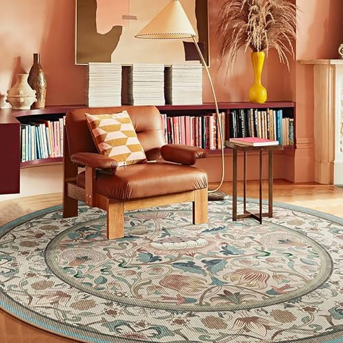 Tospass Vintage Blumen Rund Teppich Waschbarer Wohnzimmer Groß In- und Outdoor Garten Teppich Kurzflor, Blau Grün Rutschfester Carpet für Schlafzimmer. 200 cm