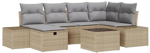 vidaXL 7-delad trädgårdsoffagrupp med kuddar Beige Poly Rattan