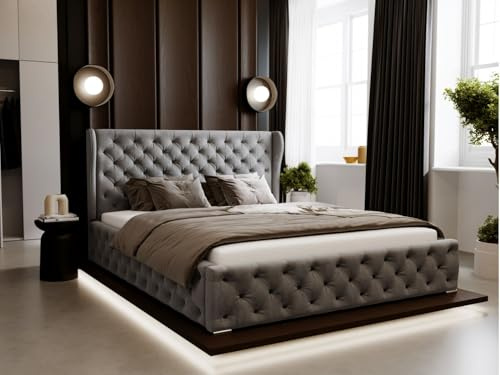 GRAINGOLD Kingston Bett 200x200, Polsterbett mit Bettkasten, Polsterbett mit Stauraum, Bouclé-Stoff, mit Lattenrost, mit Kopfteil, ohne Matratze (Grau, 200x200)