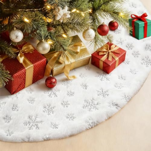 duludulu Christmas Tree Skirt, 90cm/36 Inch Silver Embroidered Sequin Print Snowflake Design, Plush Luxury Faux Fur Tree Mat, Xmas Tree Base Cover, Holiday Party Home Decoration