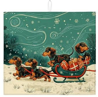 Dachshund Dish Drying Mats for Kitchen Counter, Vintage Dog Sleigh Absorbent Drainer Rack Mat, Winter Microfiber Drying Pad for Coffee Bar Protector 16x18 Inch
