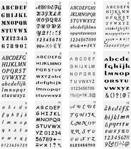 12 Pack Small Letter Stencils, 4x7 Inch Stencils Letters, Calligraphy Stencil, Reusable Plastic Alphabet Stencil for Journaling, Wood Painting, Scrapbook Decor DIY Crafts
