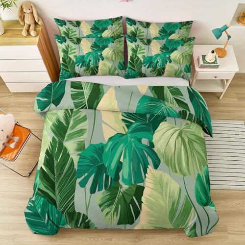 Generico Set Copripiumino Reversibile, Set Biancheria Da Letto Con Stile Tropicale Piante Monstera Deliziosa - Grigio Copripiumino Morbido Con Cerniera Nascosta Su Entrambi I Lati 140 x 200 cm