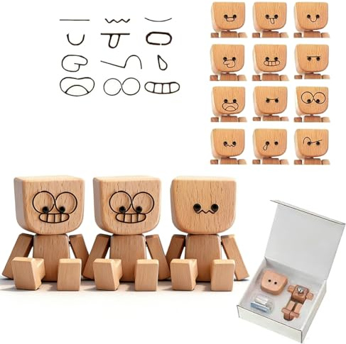 OKESYO Wackelfigur Auto, 3 Stück Wackelnder Holzmann, Wackelmännchen Holz mit 12 Magnetische Ausdrücke, Handgefertigter Wackelnder Holzmann Auto für Armaturenbrett Schreibtisch Deko Figure