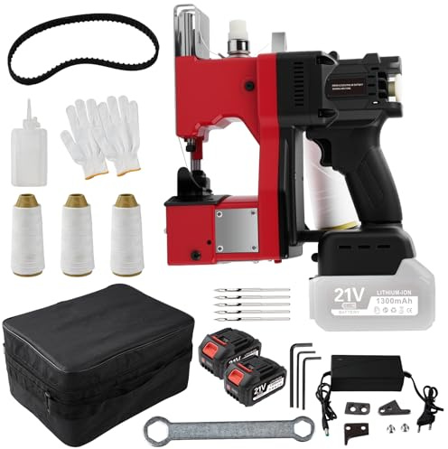 Telituny Elektrische Sacknähmaschine, 0.2-10mmNähdick Handnähmaschine Säck | 21V Sackzunähmaschine mit 2 Akkus, 13000 Stiche/Min, 210W Bürstenlos, Fadenschneider, für Gewebe-, Papier-, Sand- Jutesäcke