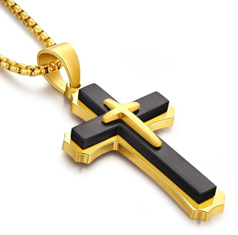 ZDaoBen Kreuz Kette Herren Silber/Gold/Schwarz kreuz Anhänger Halskette 316L Edelstahl Christlicher Schmuck mit 60 CM