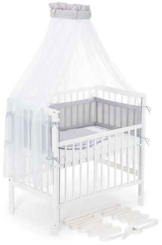 FabiMax Boxspring Baby Beistellbett Flex 90x55 Komplettset, aus Buchenholz weiß lackiert, mit innovativem verstellbarem Seitengitter, passend für Boxspringbetten (Grau, Air 90x55)