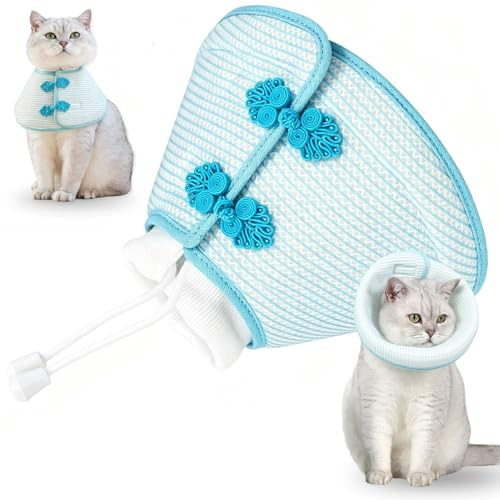 Halskedja katt, mjukt justerbart halsband för katter, förhindrar läckage av sår kattkrage, kattkrage för efter operation, sterilisering och hudvård (blå, S)
