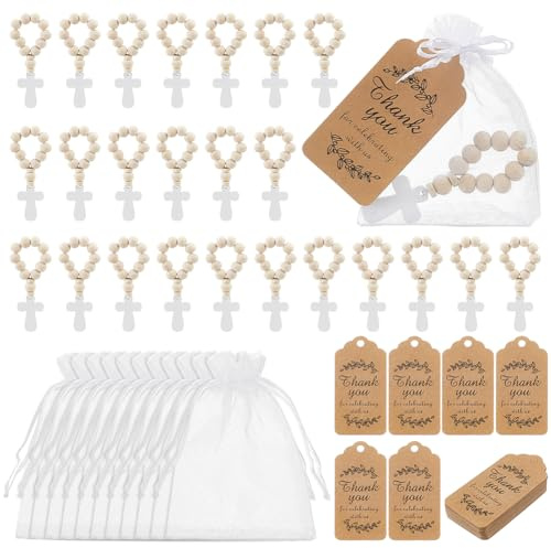 OLYCRAFT 36 Sets Holzrosenkranz mit Kreuzanhänger 82mm Holz Fingerrosenkranz Perlen aus Naturholz inklusive braune Dankeskarten und weiße Organzabeutel für Gäste Geschenke zur Party